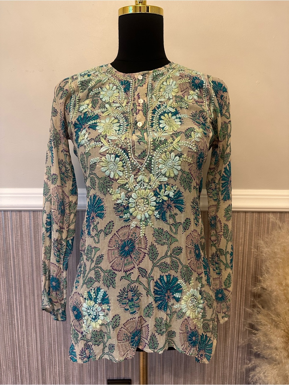 Calypso Christiane Celle 100% Silk Embroidered Floral Boho Blouse XS